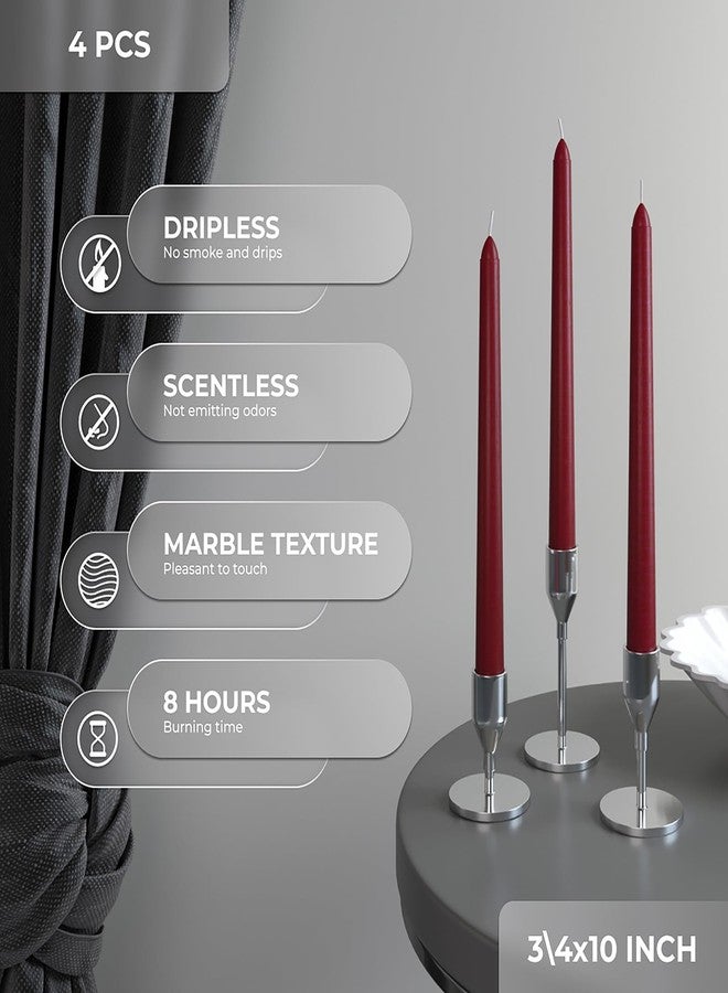 CANDWAX Burgundy 10 inch Taper Candles Pack of 4 - Unscented Dripless Burgundy Candlesticks - Perfect as Christmas Decorations and Home Decor for Dinner Table Centerpieces - Christmas Taper Candles - Image 3